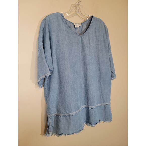 Tru Luxe Jeans Women Chambray Tunic Top Fringe Short Sleeve V-Neck Blue Small - Picture 5 of 9